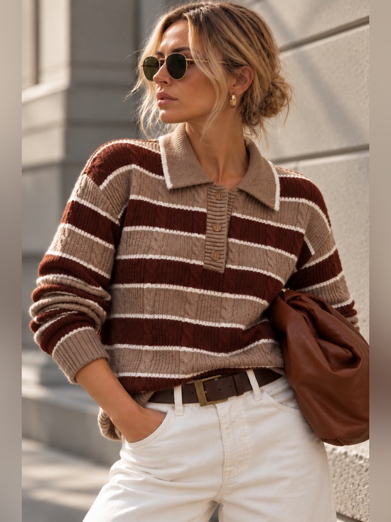 Caroline Constas Sweaters - Beautiful Caroline Constas Brown & White Striped Polo Sweater!